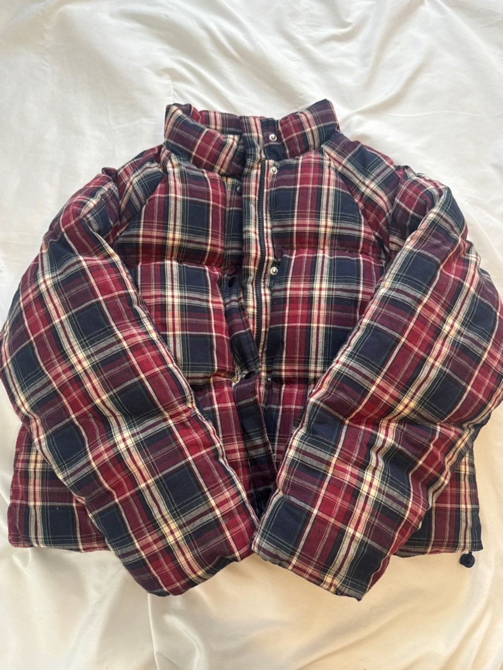 Cider Plaid Puffer Jacket in Burgundy and Navy